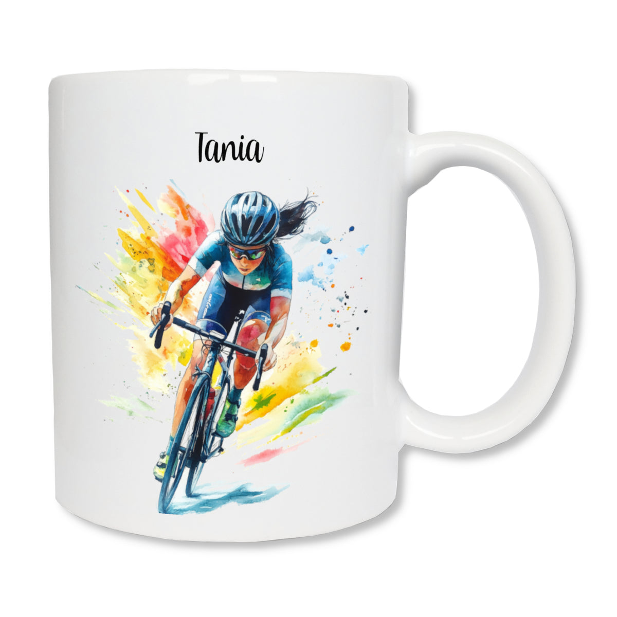 Mug blanc en céramique de 325 ml avec un dessin représentant une femme cycliste qui fait une course sur son vélo. Cadeau cycliste.