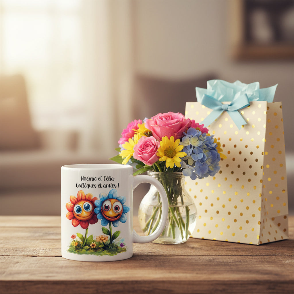 Tasse personnalisée avec deux fleurs prénom - Cadeau anniversaire