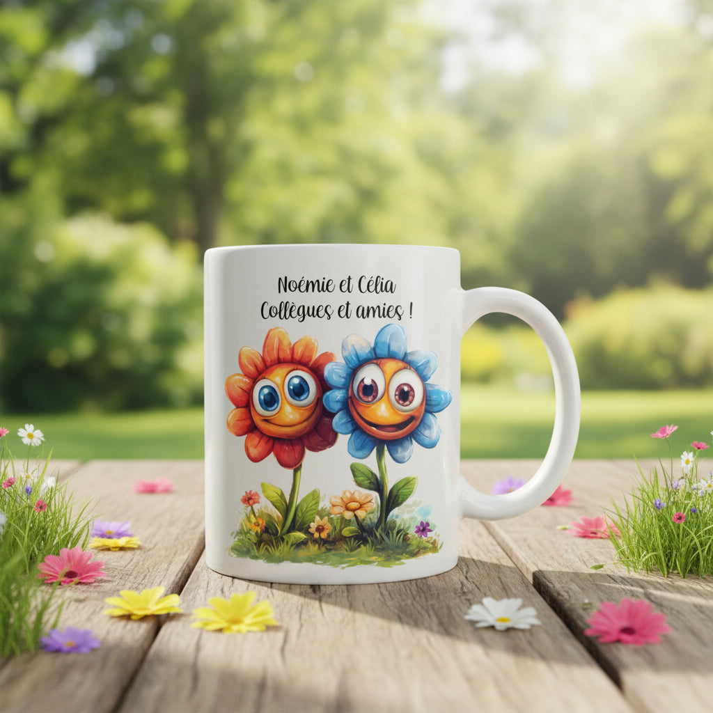 Mug personnalisé céramique 325 ml avec deux fleurs rigolotes et texte pour 2 amies- Cadeau aitié