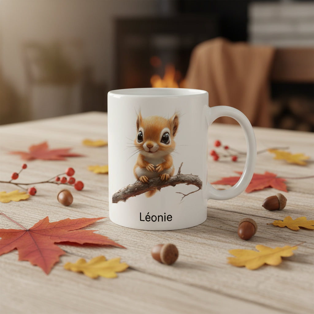 Mug écureuil personnalisé avec prénom – idée cadeau automne nature enfant
