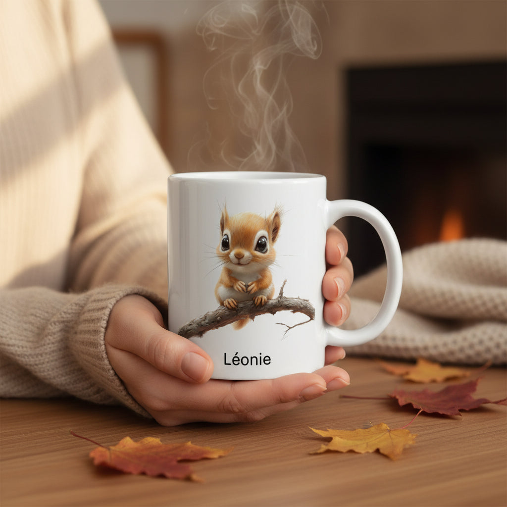 Mug personnalisé écureuil avec prénom tenu en main – cadeau enfant automne ambiance cosy
