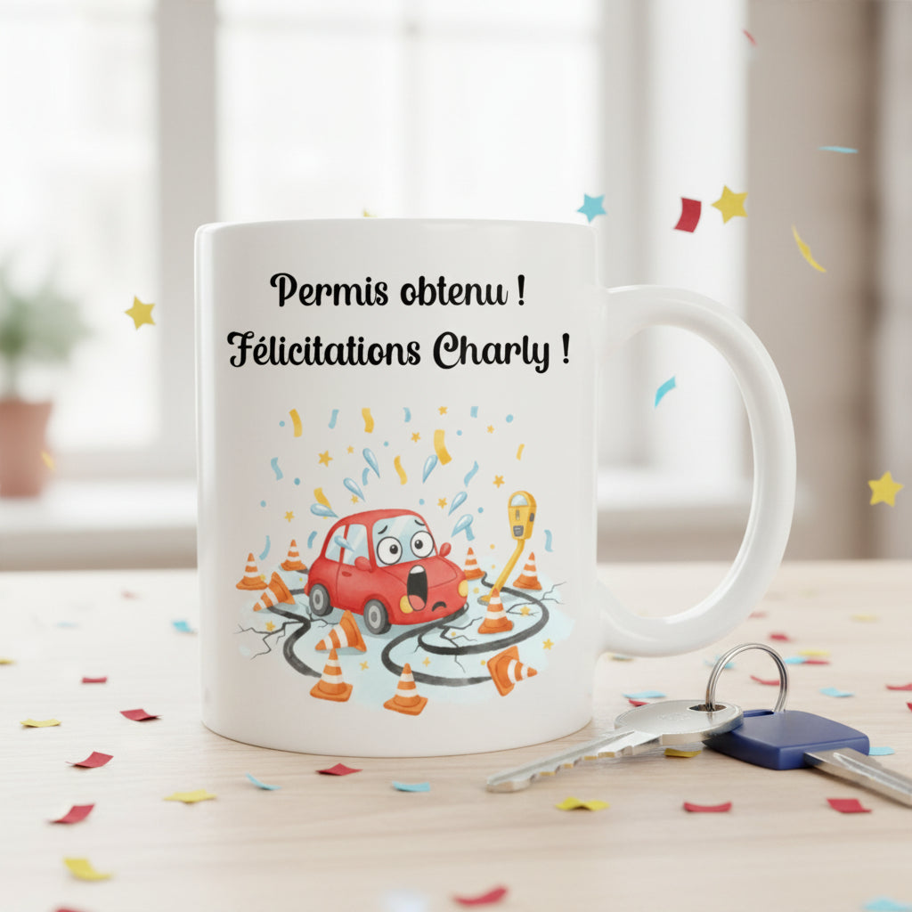 Mug permis de conduire personnalisé avec prénom – idée cadeau réussite examen auto-école
