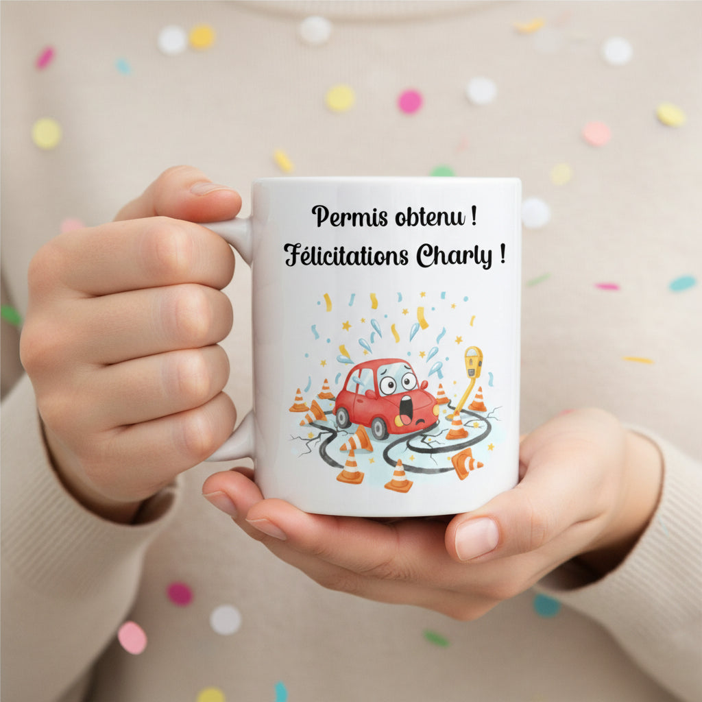 Mug personnalisé permis obtenu félicitations avec prénom – cadeau humour réussite permis de conduire
