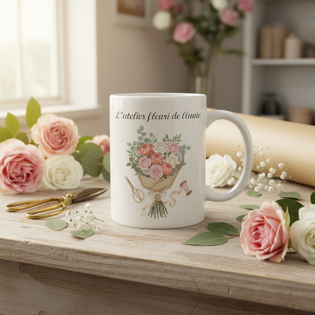 Mug personnalisé pour fleuriste dans un atelier floral avec fleurs et sécateur

