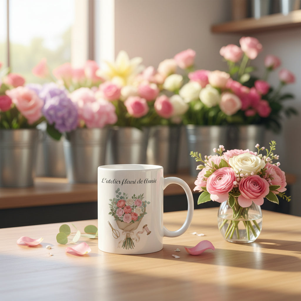 Mug personnalisé fleuriste sur le comptoir d’une boutique de fleurs
