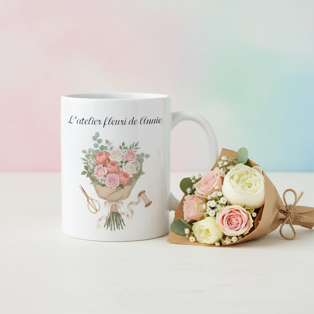 Mug personnalisé fleuriste accompagné d’un bouquet de fleurs
