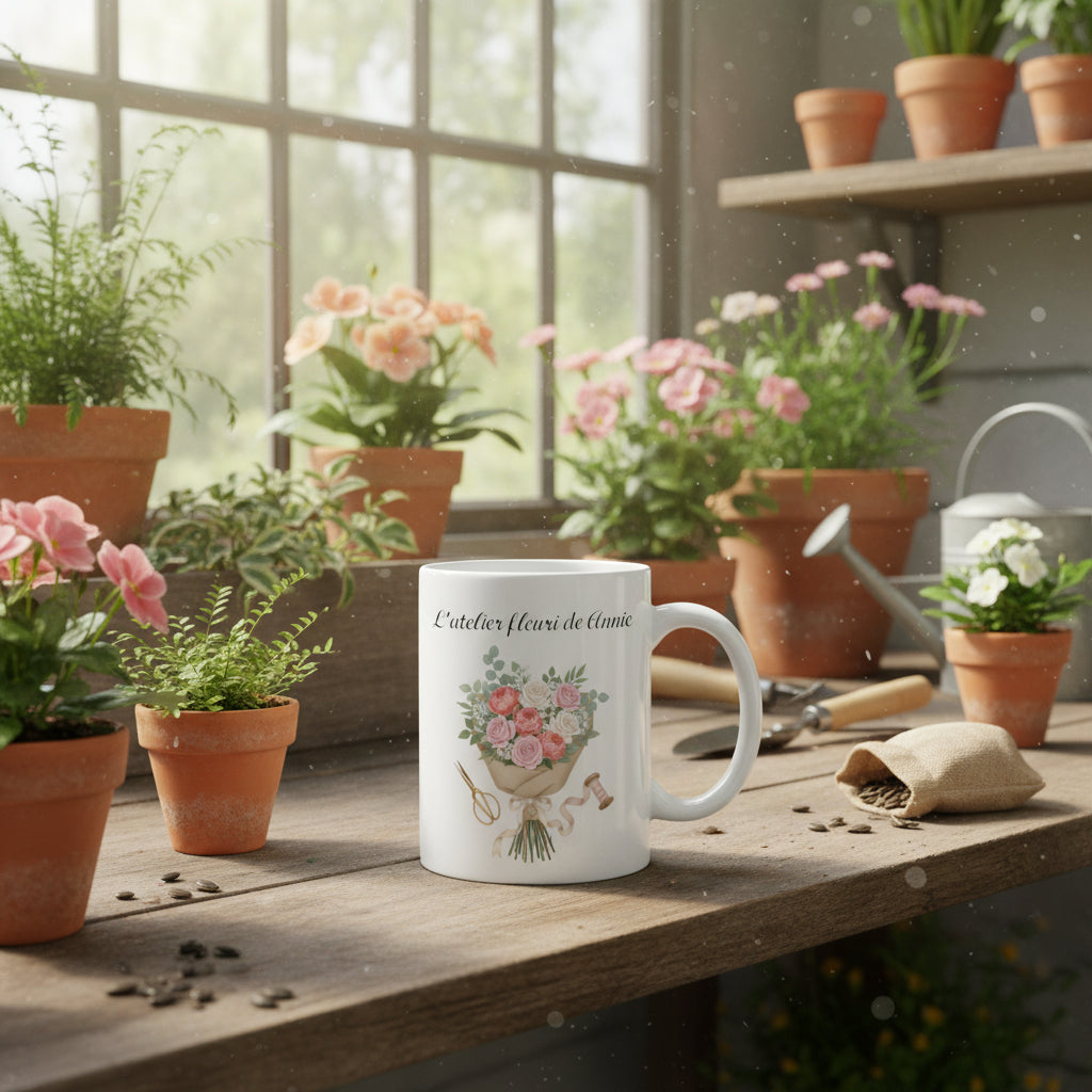 Mug personnalisé fleuriste dans une serre fleurie avec plantes et outils de jardinage