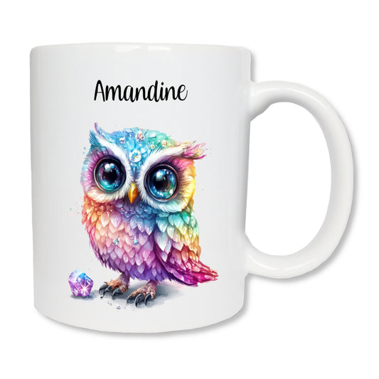 Mug personnalisé de 325 ml en céramique blanc imprimé avec un prénom et une chouette diamantée de face - Cadeau maman