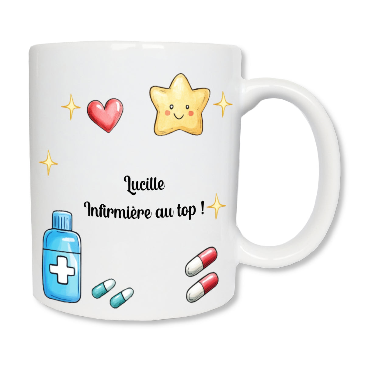 Mug blanc en céramique d'une contenance de 325 ml, pour les infirmières / aides-soignantes / médecins...représentant un dessin avec des médicaments, un coeur, une étoile et personnalisé avec un texte.