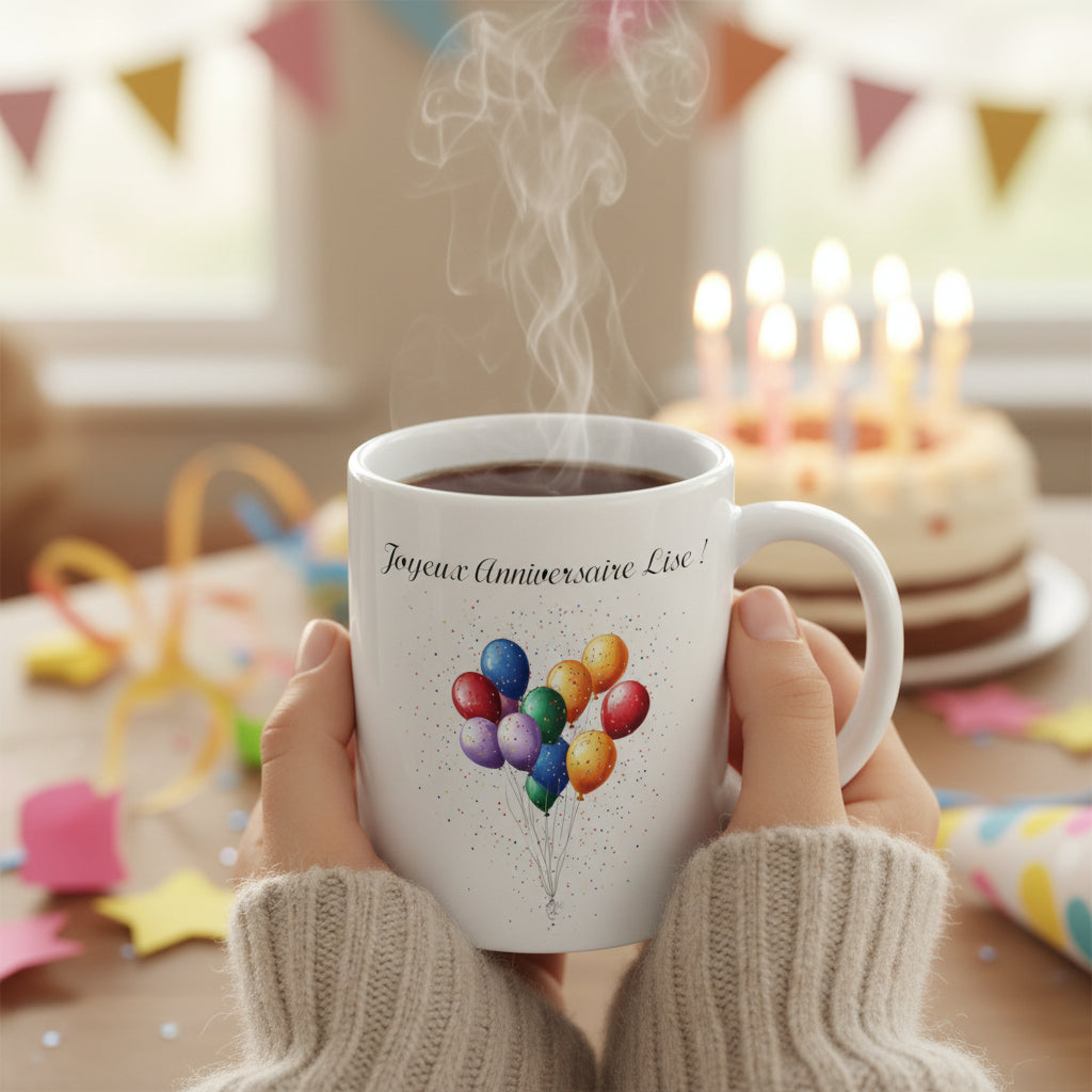 Mug personnalisé avec ballons et texte - Céramique 325 ml - Idée cadeau anniversaire