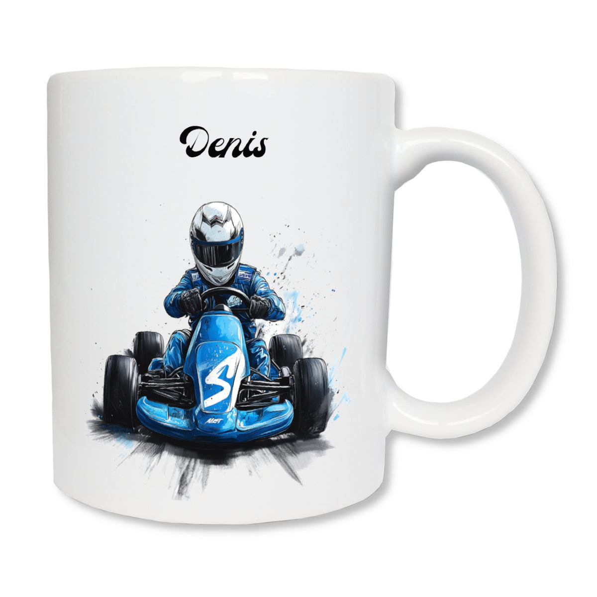 Mug blanc en céramique de 325 ml avec un dessin représentant un karting bleu de face avec son pilote et personnalisé avec un prénom
