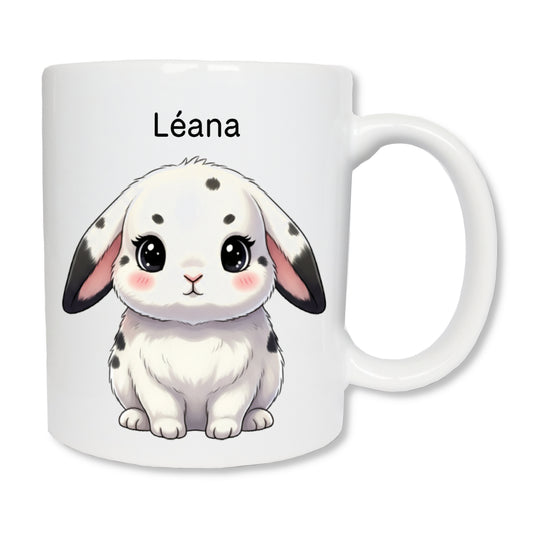 Mug personnalisé avec un lapin bélier noir et blanc et un prénom
