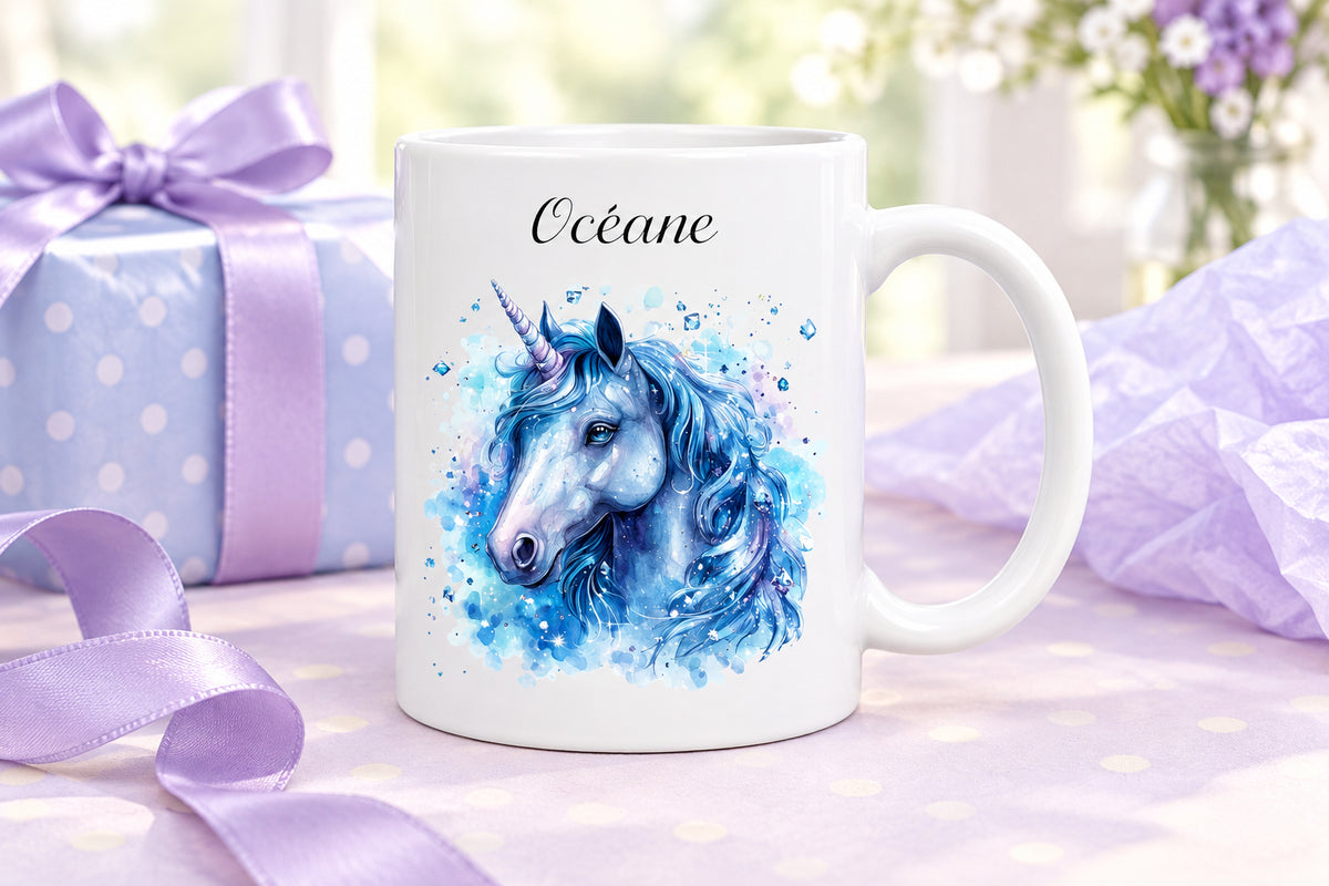 Mug personnalisé avec une licorne et un prénom - Céramique 325 ml - Idée cadeau de Noël