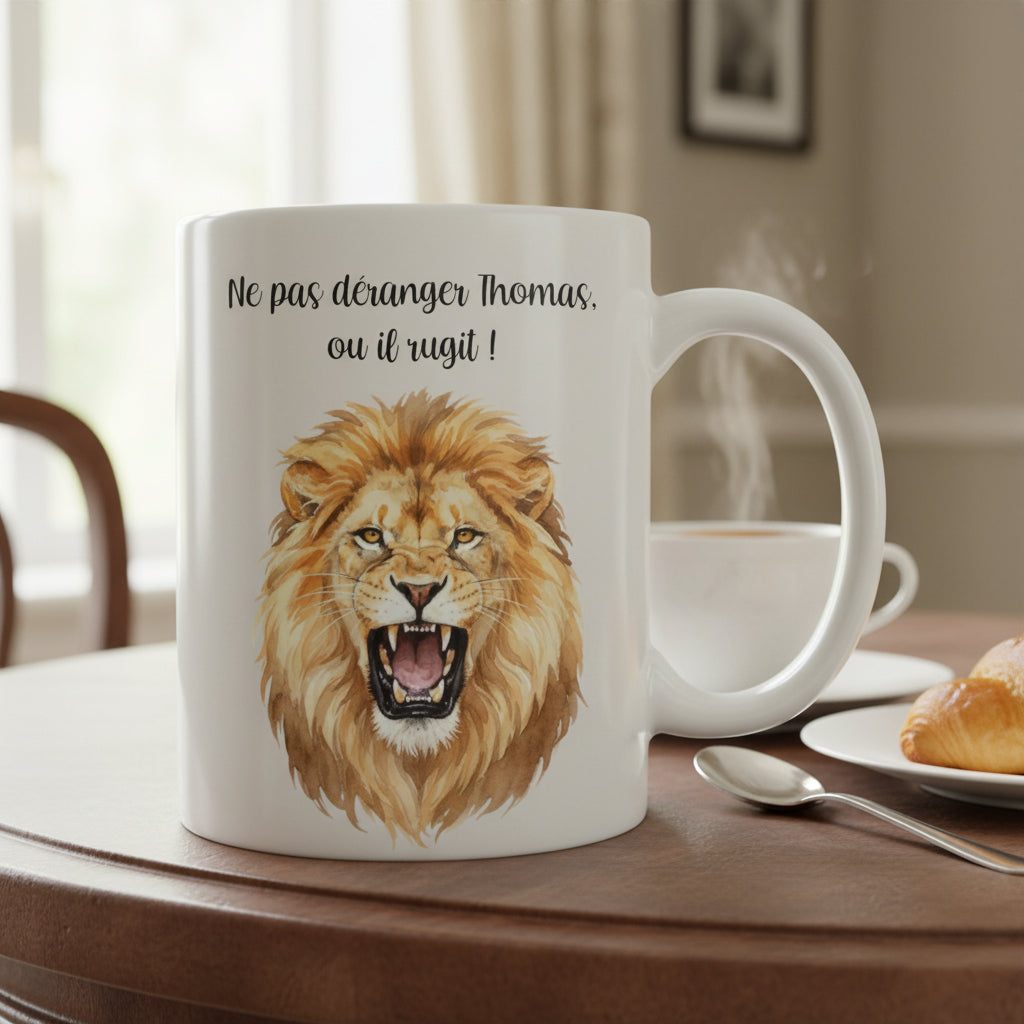 Tasse personnalisée avec un lion et un texte