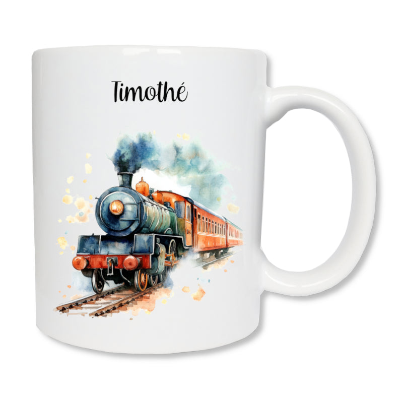 Mug blanc en céramique de 325 ml avec le dessin d'un train à vapeur, et personnalisé avec un prénom. Cadeau passionné de trains