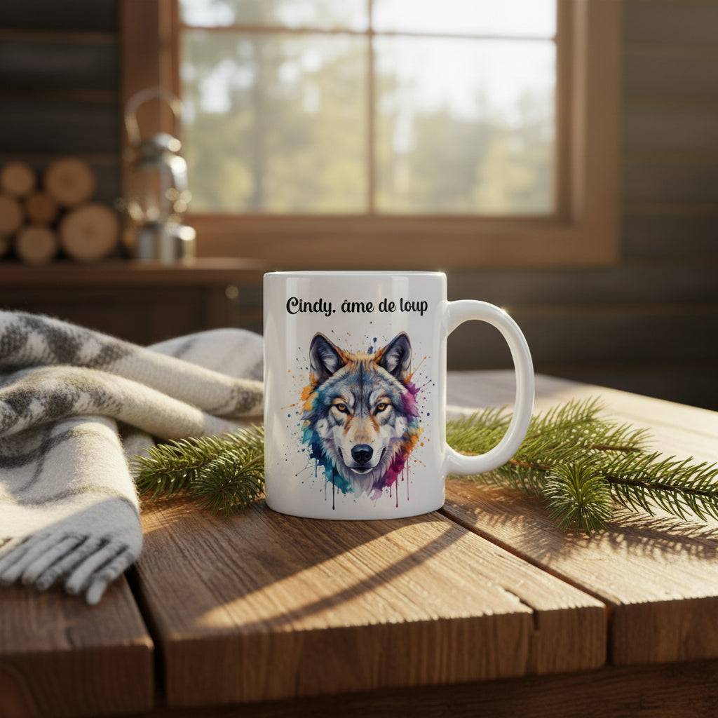 Mug loup personnalisé dans un chalet en bois avec branches de sapin
