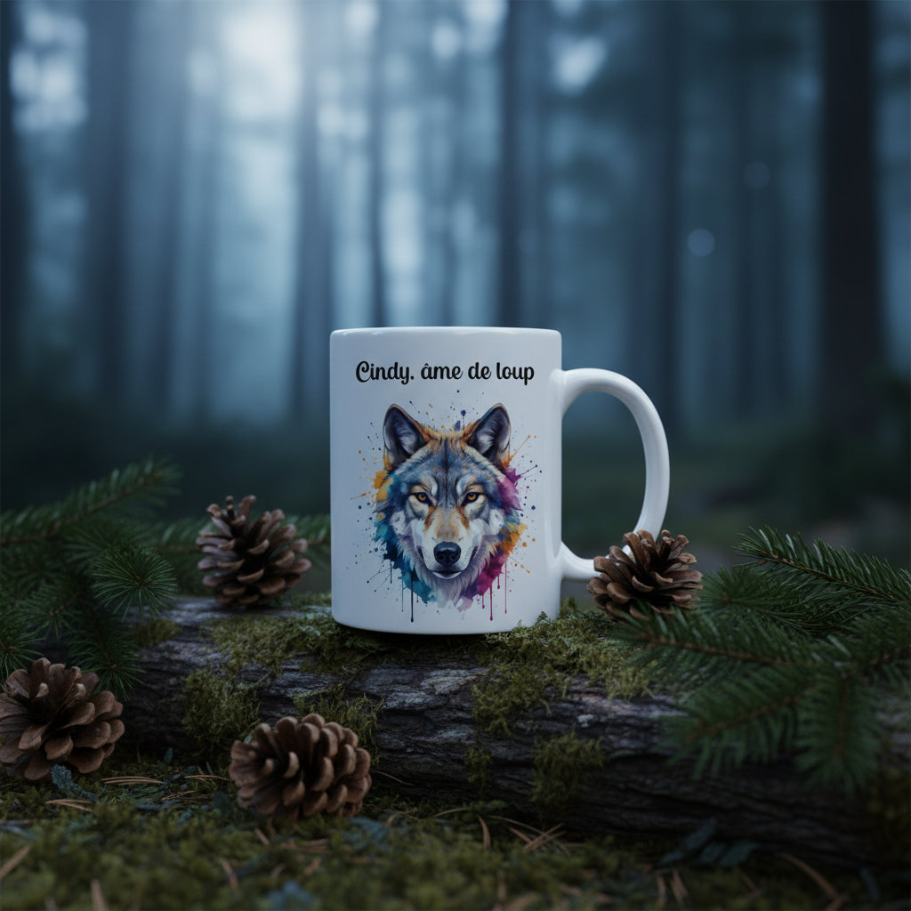Mug personnalisé avec tête de loup au cœur d’une forêt
