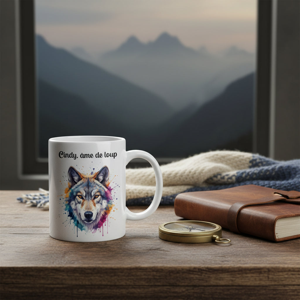 Mug loup personnalisé sur un bureau d’aventurier avec boussole
