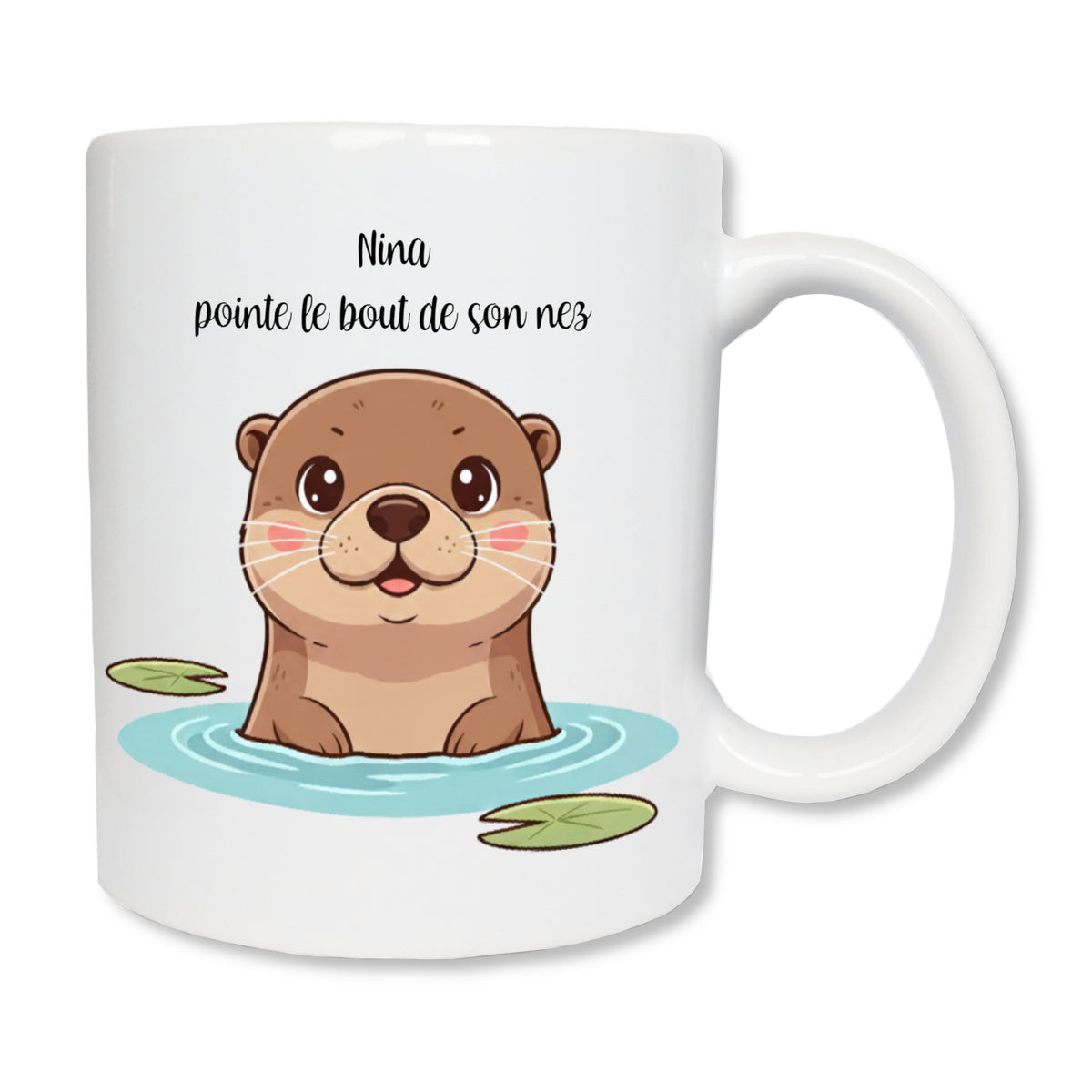 Mug personnalisé avec une tête de loutre qui sort de l'eau et un texte
