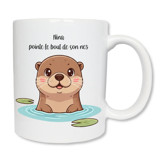 Mug personnalisé avec une tête de loutre qui sort de l'eau et un texte
