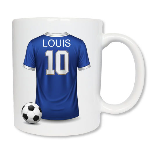 Mug personnalisé football avec prénom et maillot bleu

