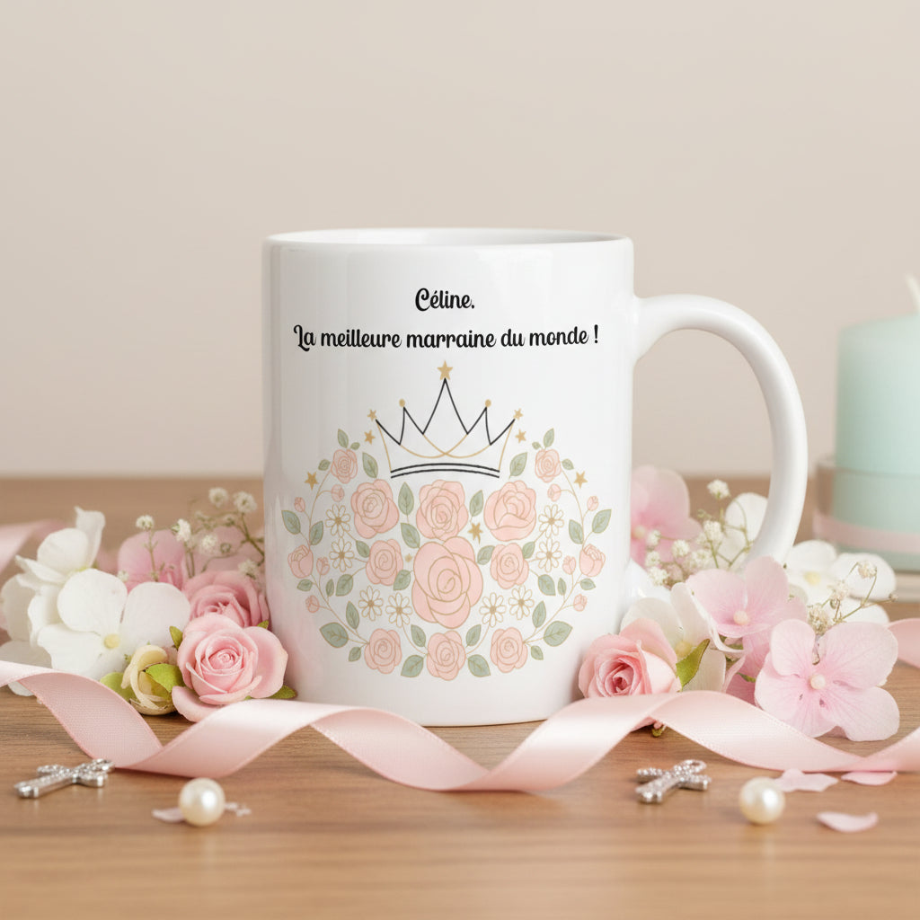 Mug personnalisé marraine couronne dorée avec prénom – cadeau marraine baptême original
