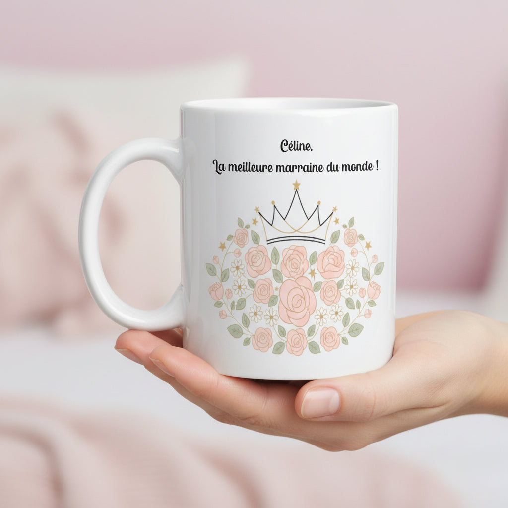 Mug marraine personnalisé avec prénom – cadeau baptême élégant meilleure marraine
