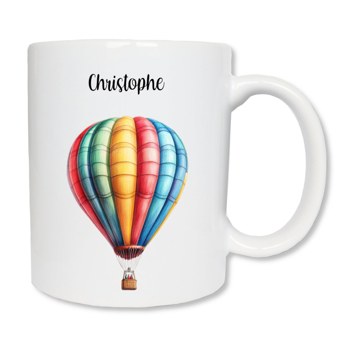 Mug blanc en céramique  de 325 ml avec une montgolfière multicolore, et personnalisé avec un prénom.