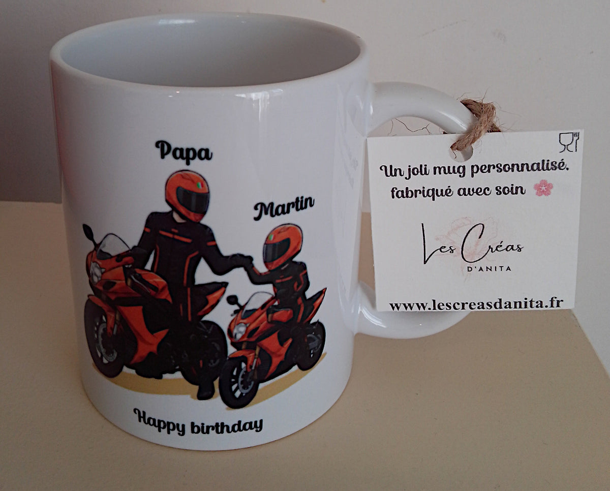 Mug personnalisé papa motard et enfant avec prénoms – cadeau fête des pères anniversaire papa moto
