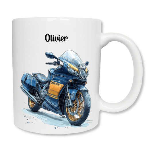 Mug en céramique blanc de 325 ml imprimé avec une moto de gendarmerie et personnalisé avec un prénom - Cadeau idéal pour gendarme