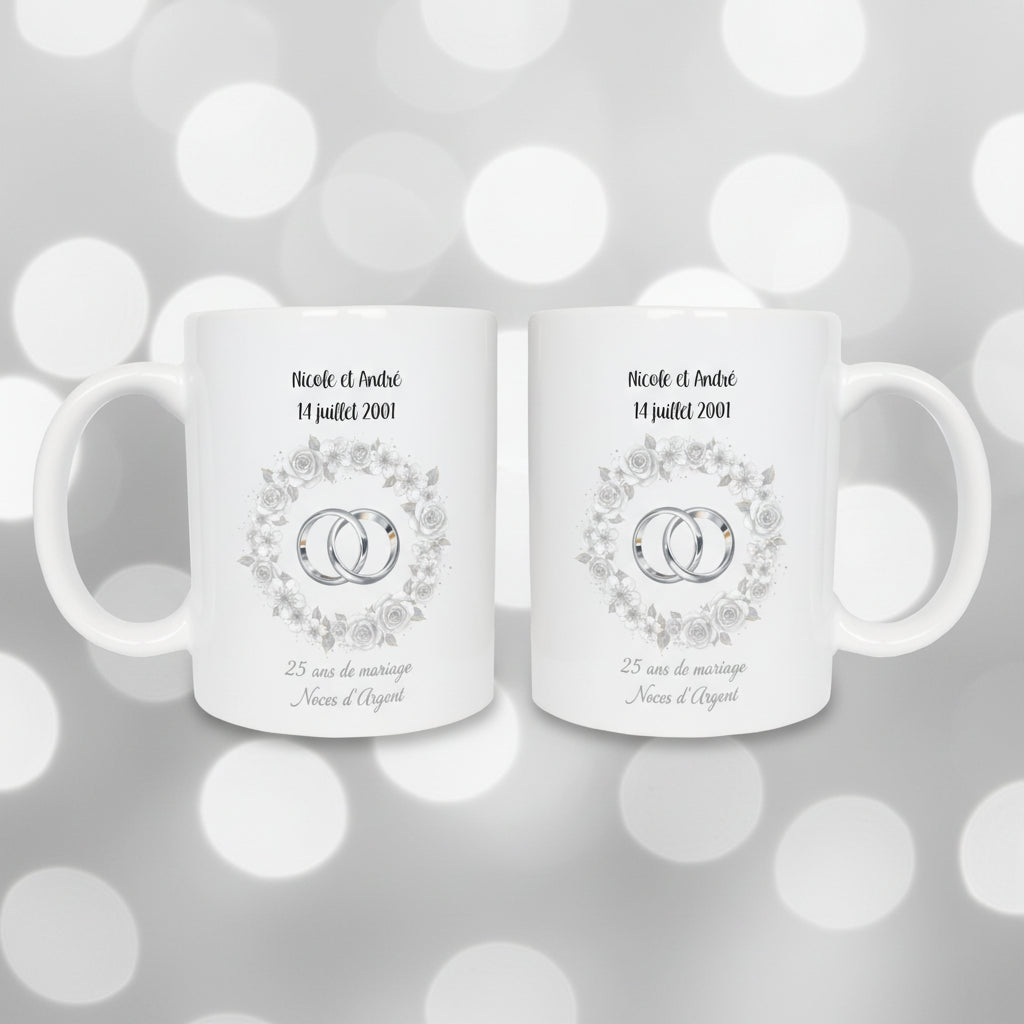 Mug noces d'argent personnalisé - idée cadeau anniversaire 25 ans mariage

