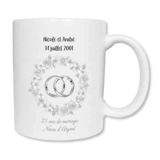 Mug personnalisé 25 ans de mariage noces d'argent avec prénoms - cadeau couple
