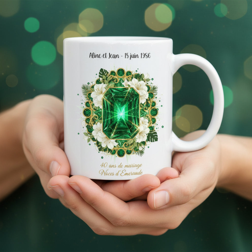 Mug personnalisé Noces d'Émeraude 40 ans de mariage, mise en situation lifestyle
