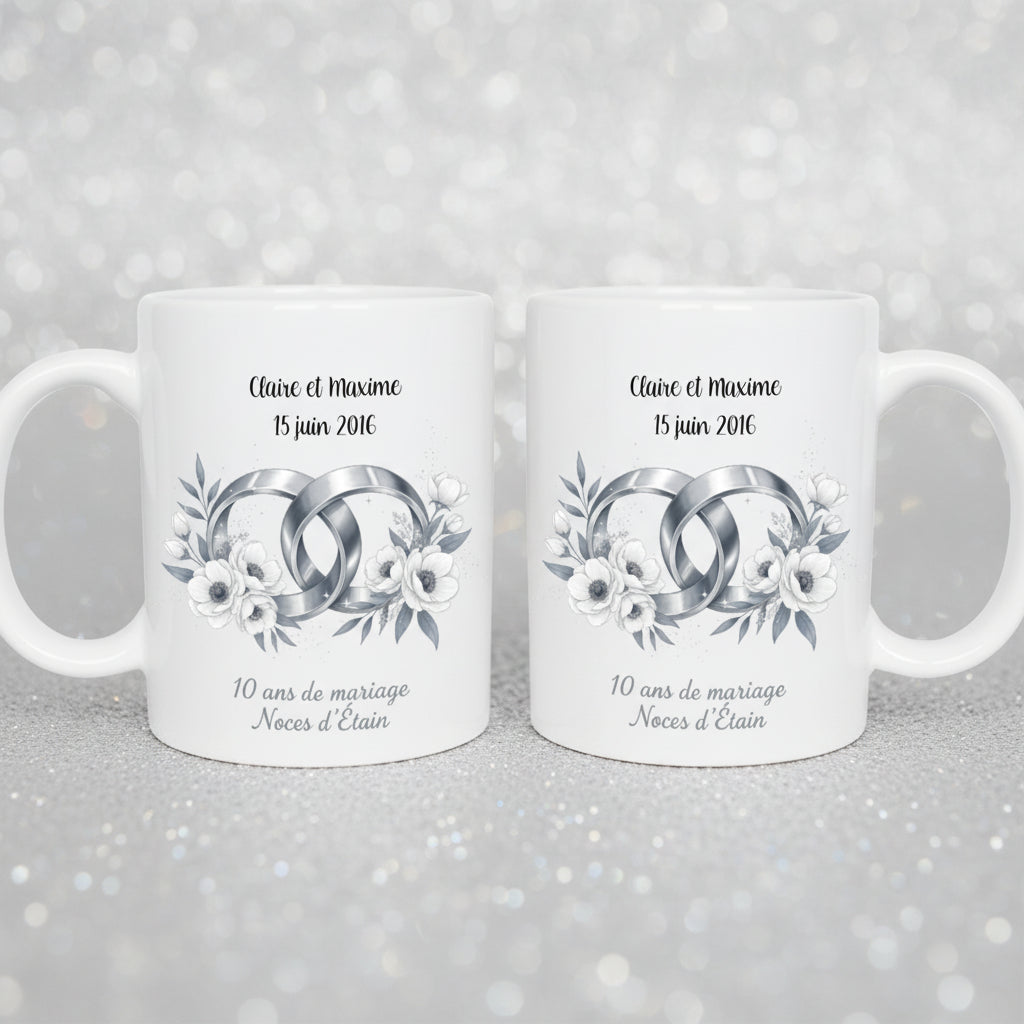 Mug noces d'étain personnalisé -cadeau anniversaire 10 ans mariage - céramique 325 ml

