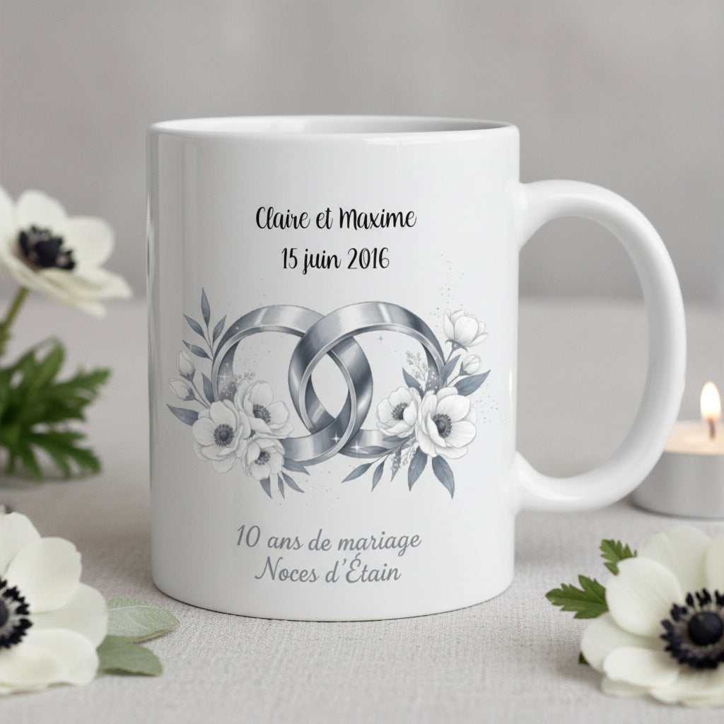 Mug noces d'étain personnalisé - idée cadeau anniversaire 10 ans mariage amoureux

