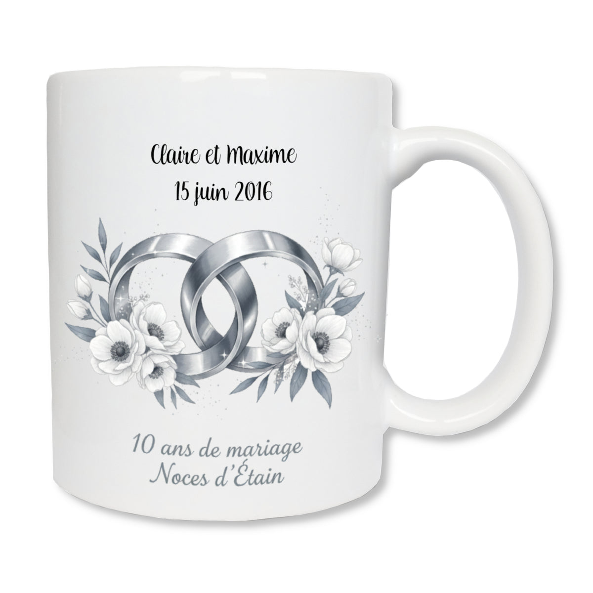 Mug personnalisé 10 ans de mariage noces d'étain avec prénoms - cadeau couple
