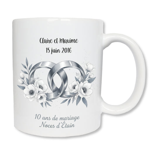 Mug personnalisé 10 ans de mariage noces d'étain avec prénoms - cadeau couple
