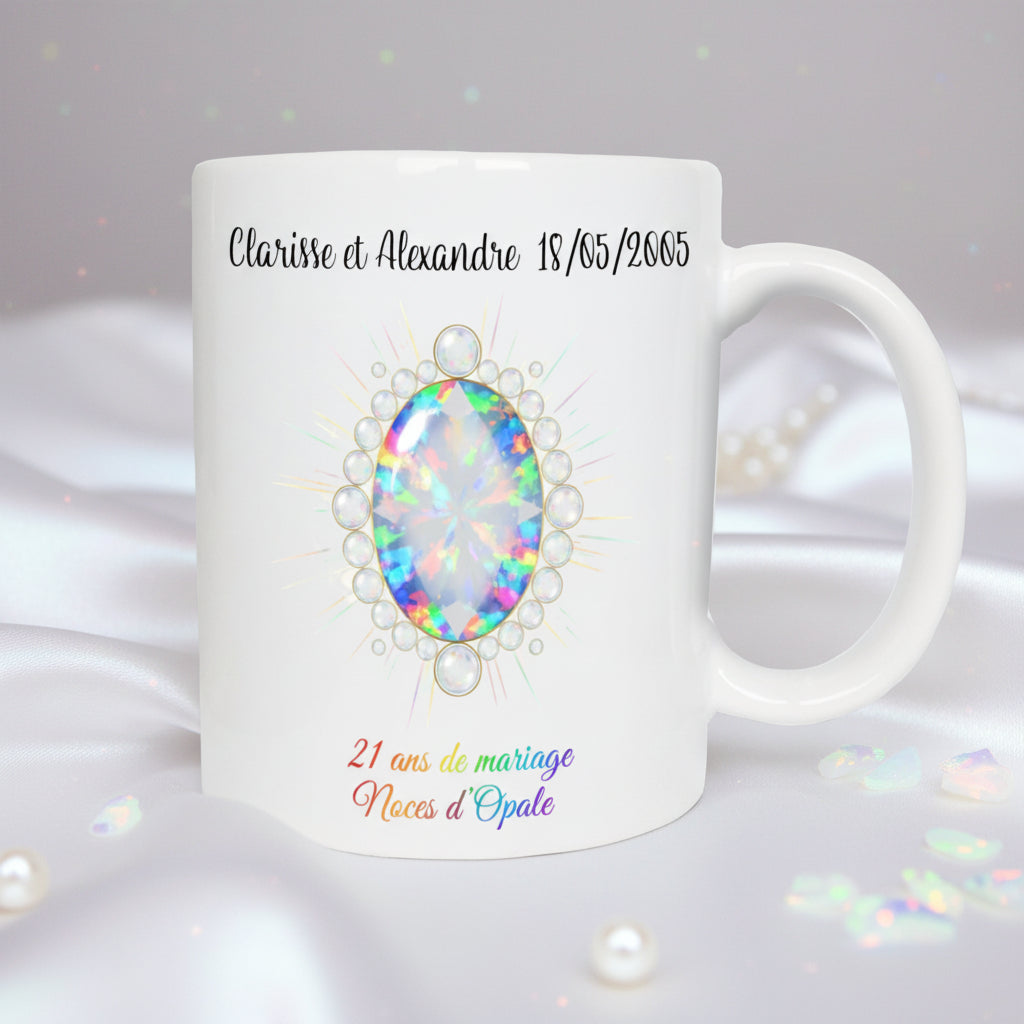Tasse personnalisée 21 ans de mariage noces d'opale avec prénoms - céramique 325 ml
