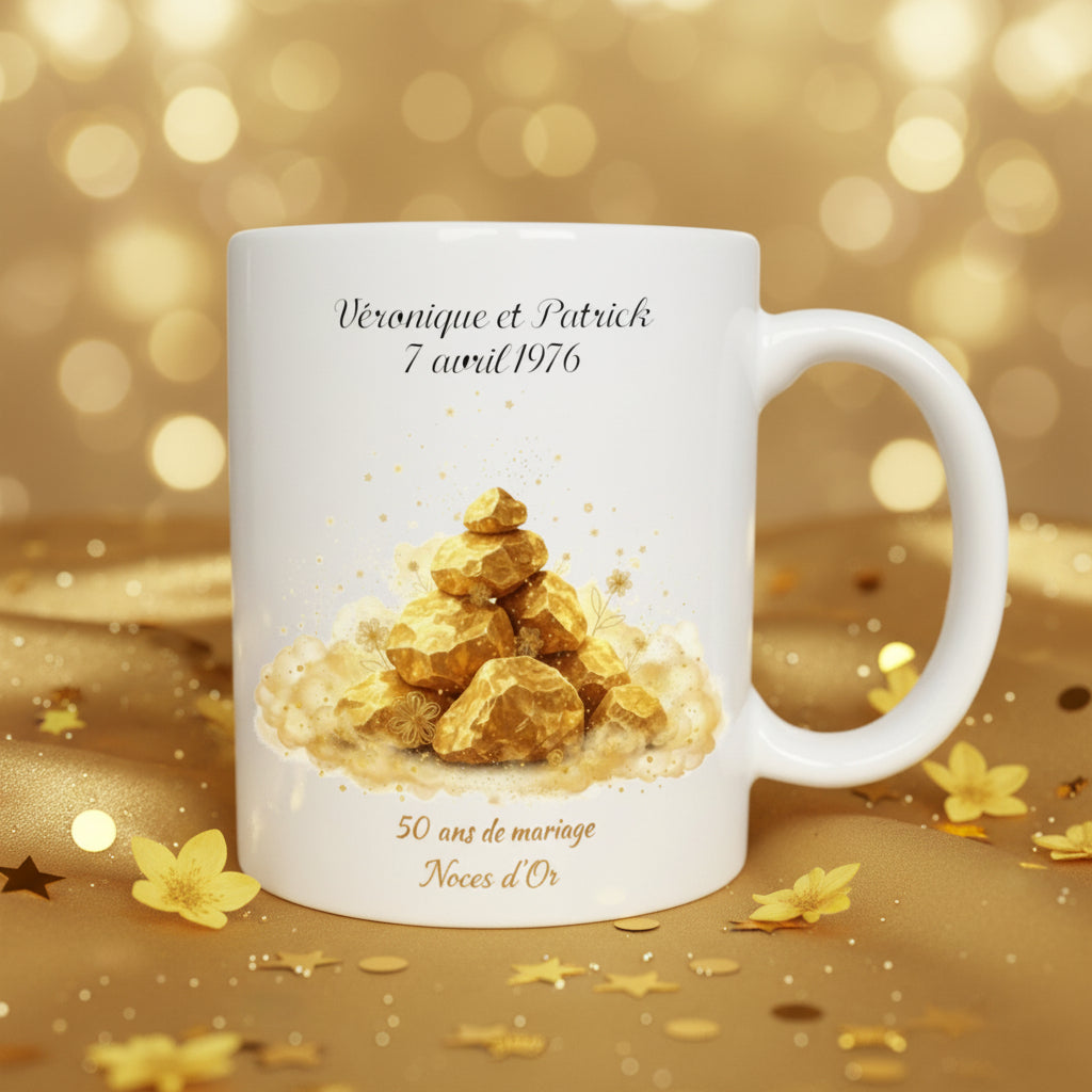 Mug personnalisé Noces d'Or 50 ans de mariage, mug blanc avec motif doré
