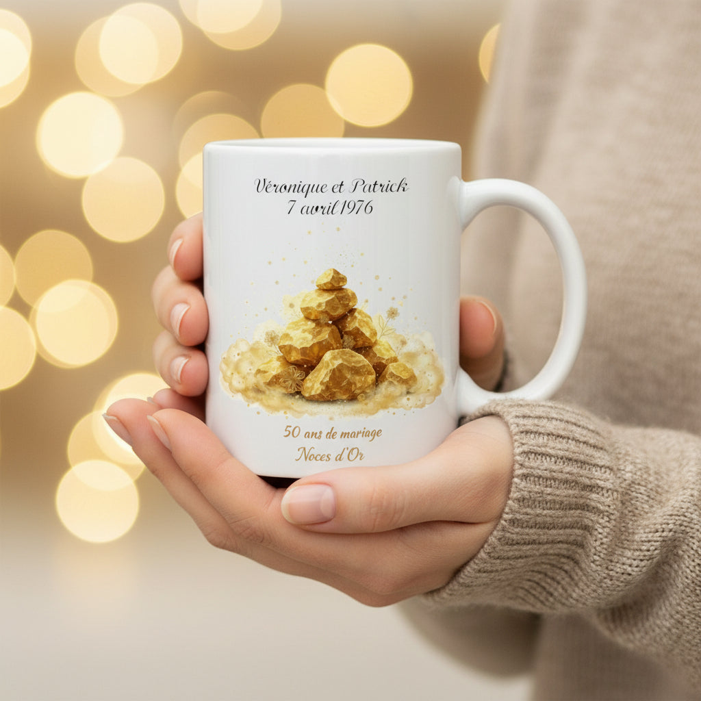 Mug personnalisé Noces d'Or 50 ans de mariage, vue de face
