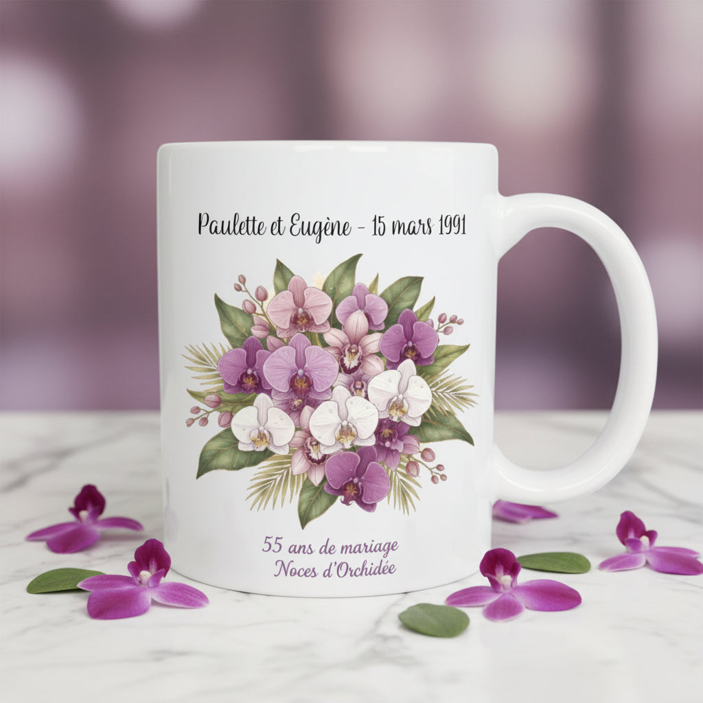 Mug personnalisé Noces d'Orchidée 55 ans de mariage, mug blanc avec orchidée
