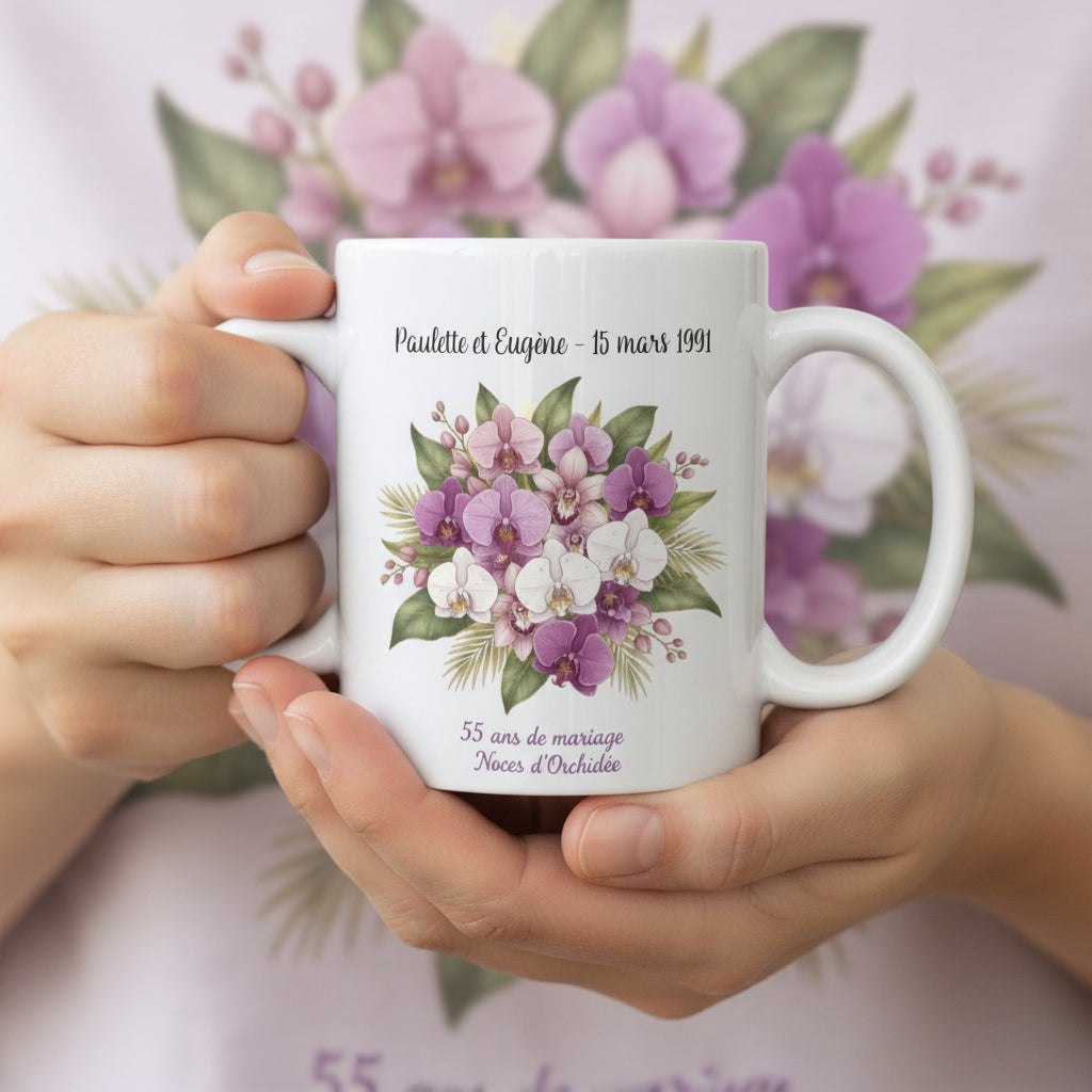 Mug personnalisé Noces d'Orchidée 55 ans de mariage, vue de face
