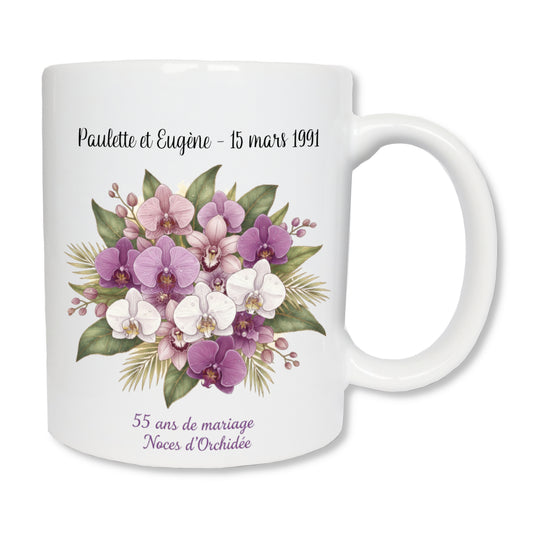 Mug personnalisé 55 ans de mariage noces d'orchidée avec prénoms - cadeau couple
