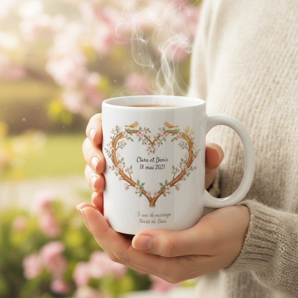 Mug personnalisé Noces de Bois 5 ans de mariage, mug blanc avec motif bois
