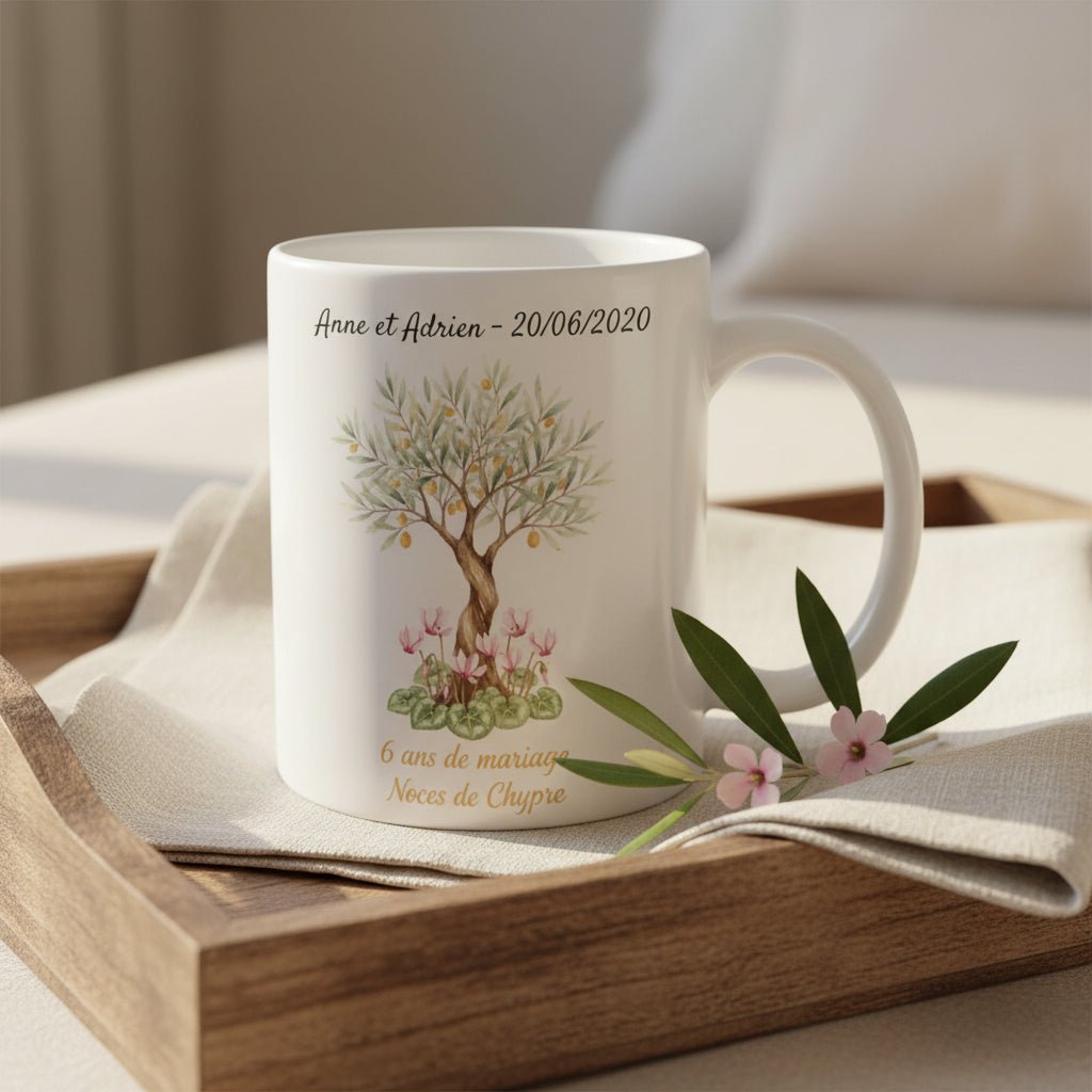 Mug personnalisé 6 ans de mariage noces de chypre avec prénoms - céramique 325 ml
