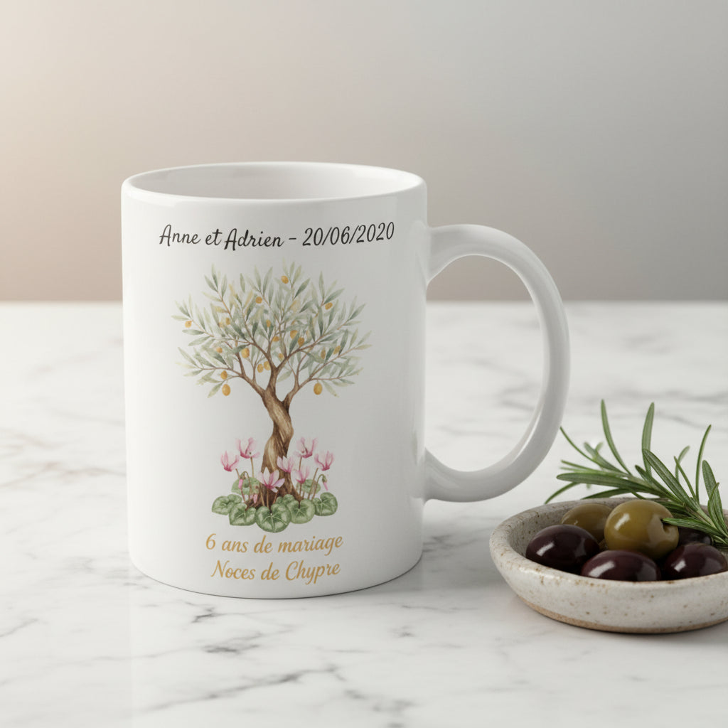 Mug personnalisé 6 ans de mariage noces de chypre avec prénoms - cadeau amoureix
