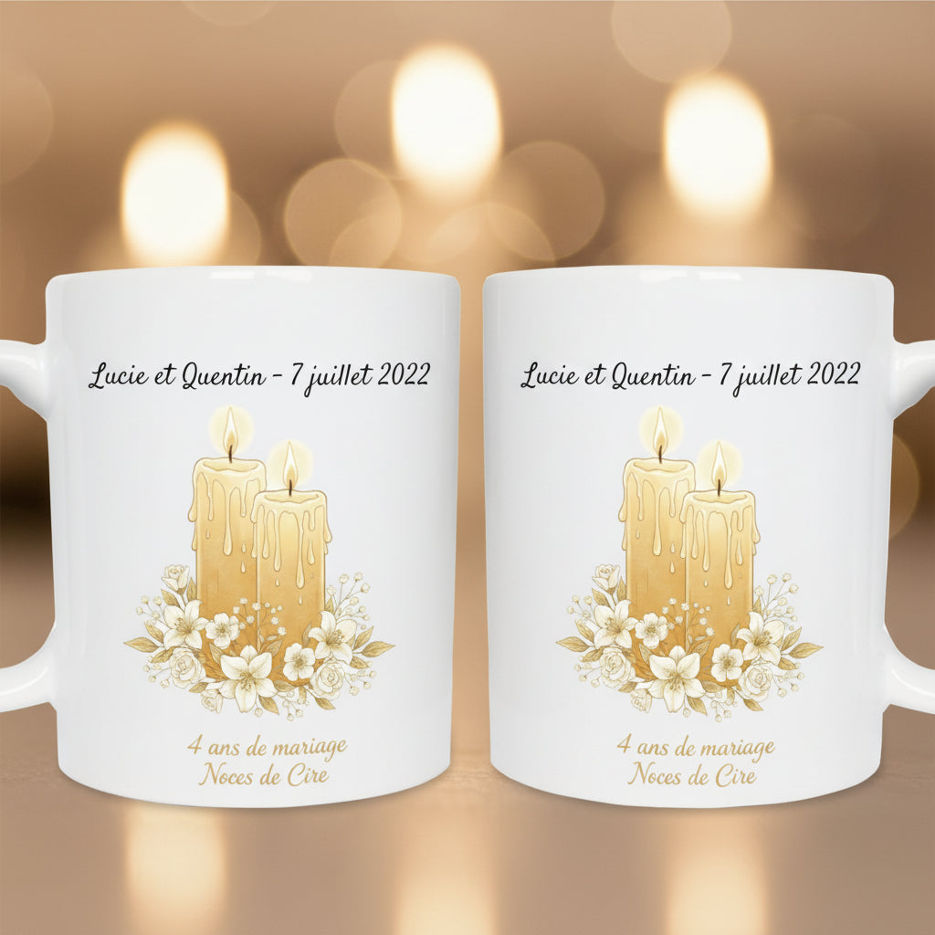 Mug personnalisé 4 ans de mariage noces de cire avec prénoms - cadeau anniversaire de mariage
