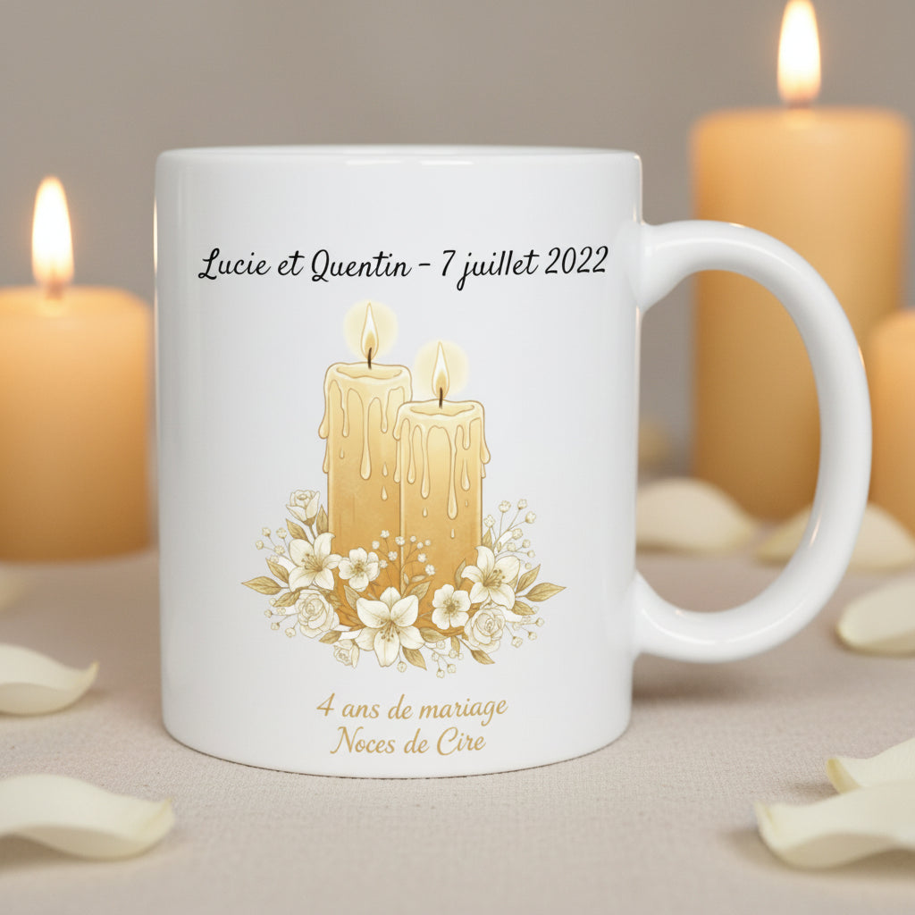 Mug personnalisé 4 ans de mariage noces de cire avec prénoms - céramique 325 ml
