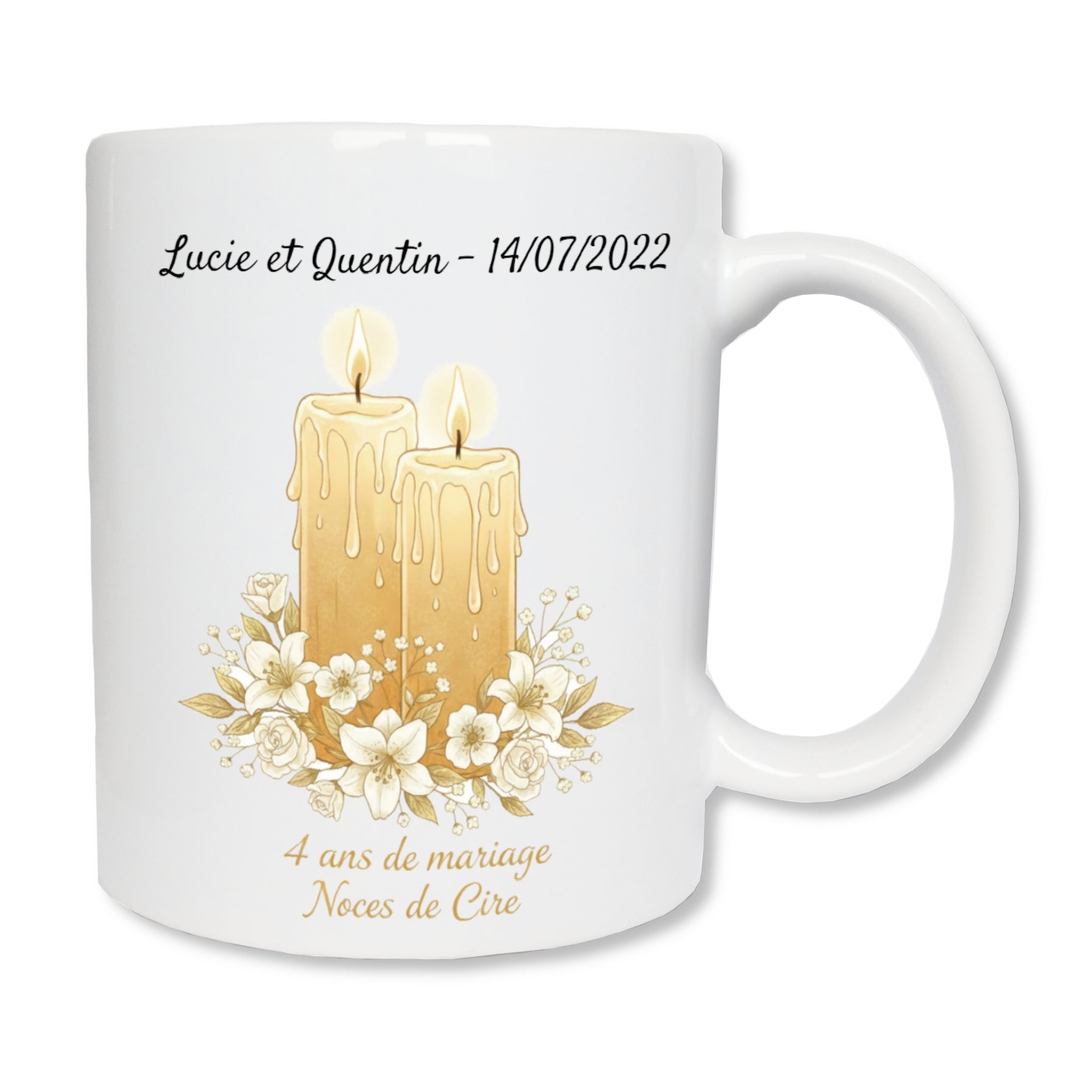 Mug personnalisé 4 ans de mariage noces de cire avec prénoms - cadeau couple
