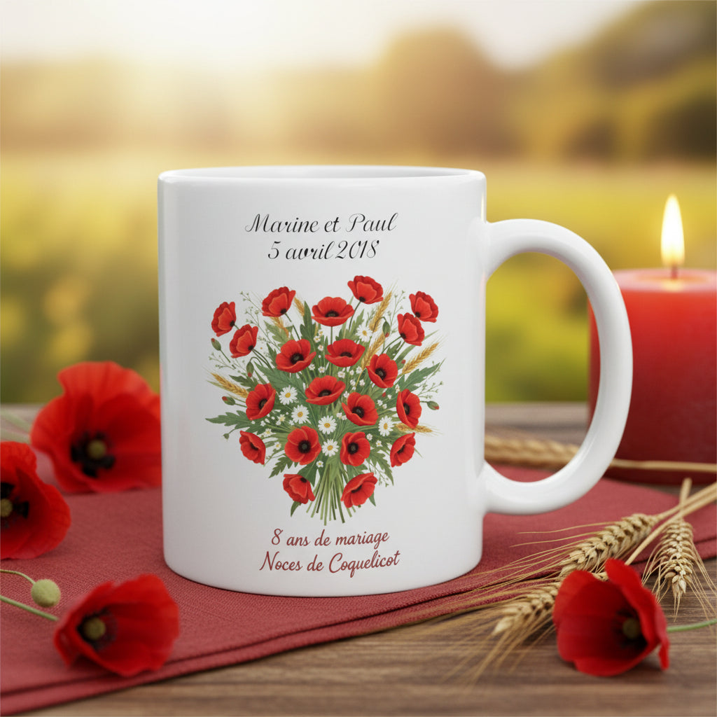 Mug noces de coquelicot personnalisé - idée cadeau anniversaire 8 ans mariage amoureux

